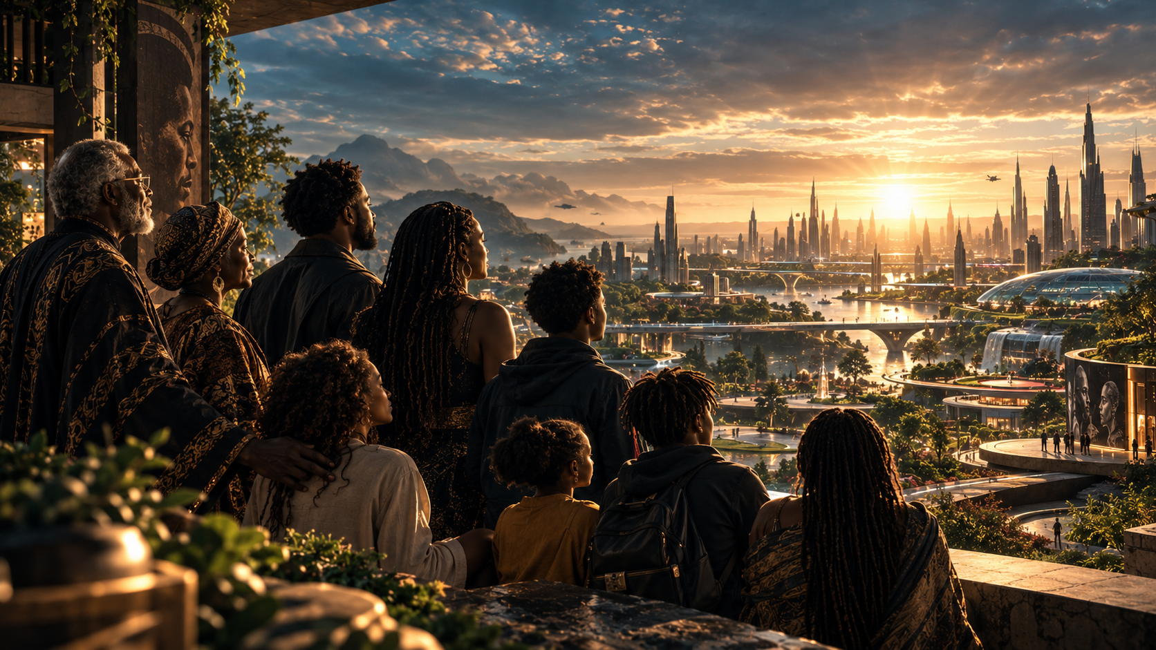 Several generations of a family looking out over a luminous future city at sunrise