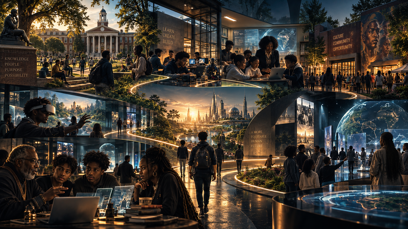 Students, educators, families and researchers across campuses, community spaces and immersive studios connected by lines of light