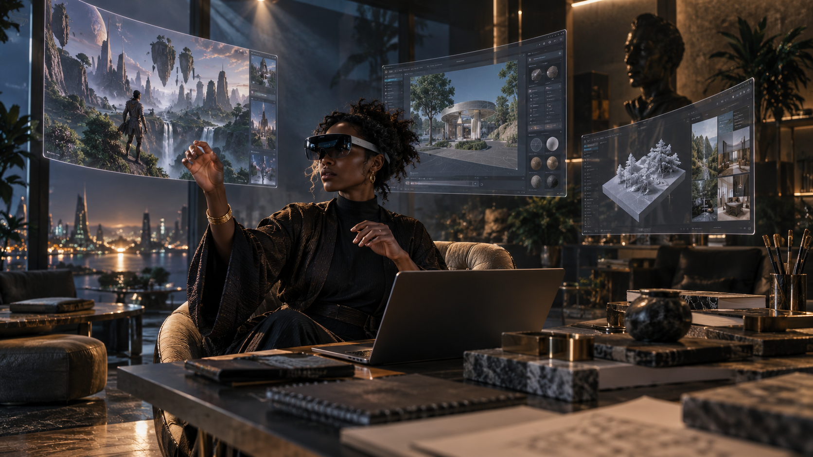A participant seated in a lounge wearing a slim standalone XR headset, moving translucent panels of an immersive world with her hands