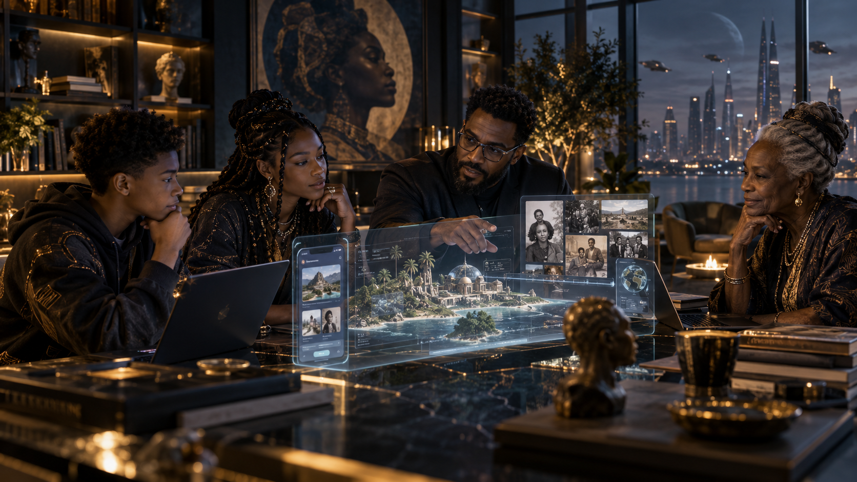 Three generations of a family around a table building an immersive world together on laptops and a holographic display