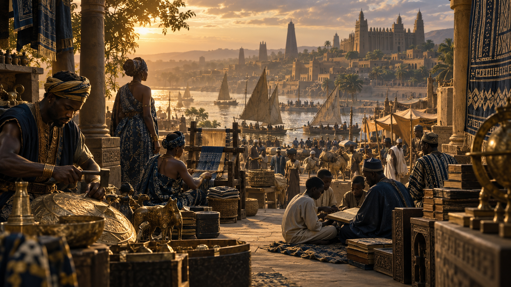A riverfront trading city at golden hour: metalsmiths, weavers, scholars reading, boats on the water and grand earthen architecture beyond
