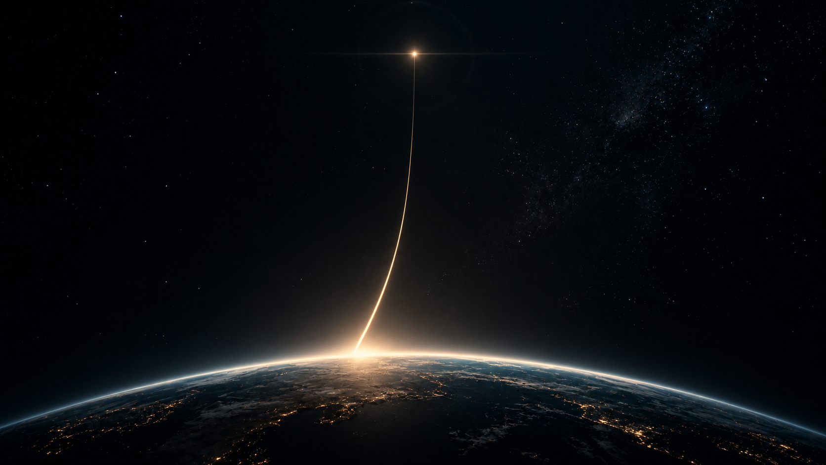 A thin golden trajectory rising from the curve of the Earth into deep space