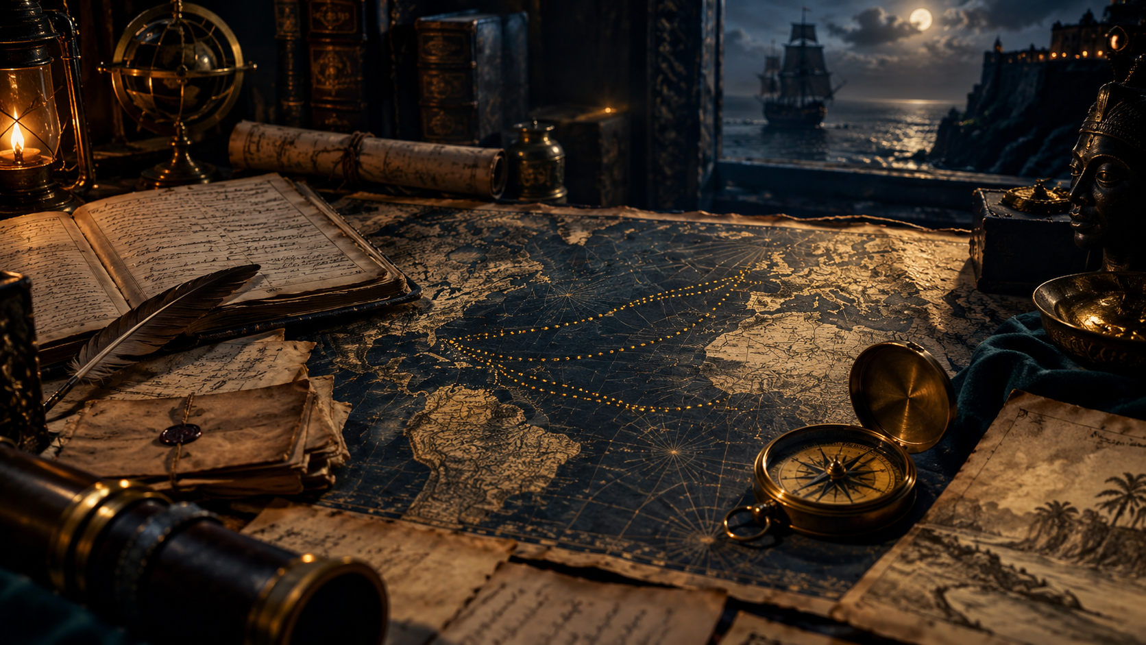 A cartographer's table at night: an aged world chart marked with gold routes, a brass compass, quill, journals and a ship on the moonlit water beyond the window.
