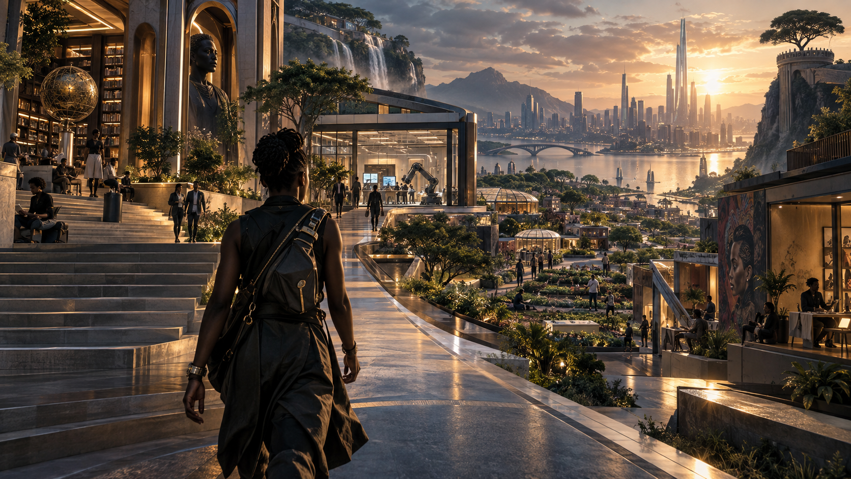 The Road to Freedom virtual world: a promenade of libraries, gardens, workshops and a luminous city skyline at golden hour