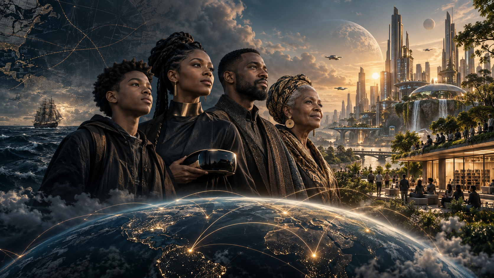 Four figures stand between an Atlantic passage and a luminous future city, connected by golden routes over Earth
